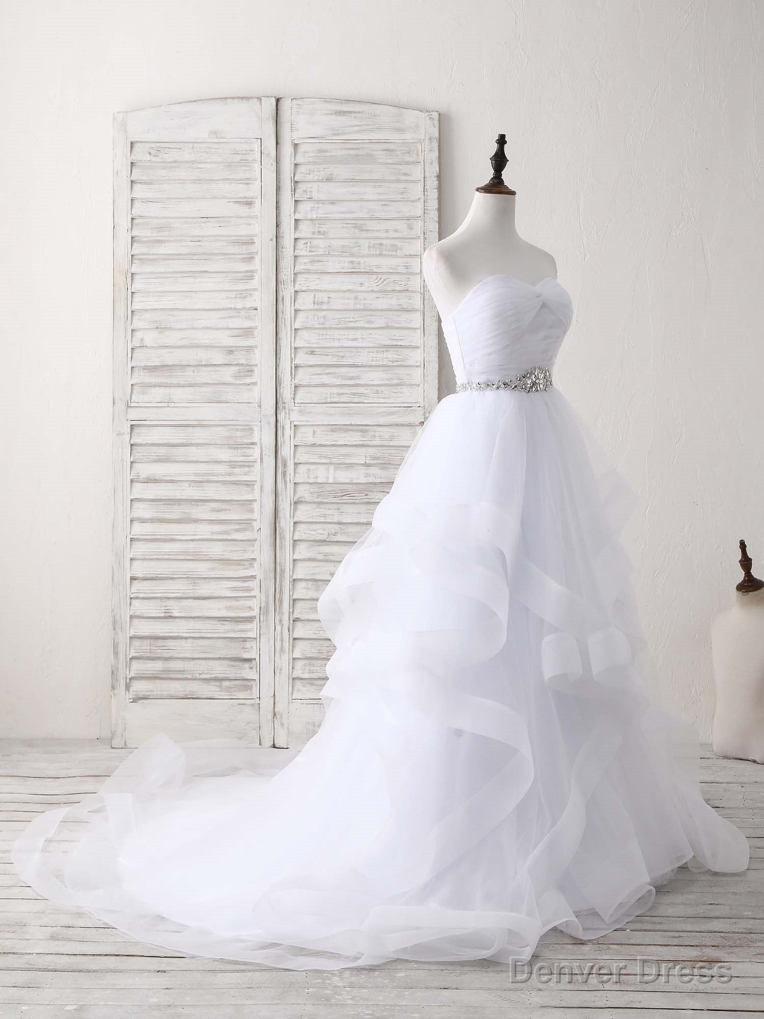 White Sweetheart Neck Tulle Long Prom Dress, White Formal Graduation Dress Main image