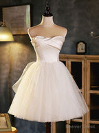 White Sweetheart Neck Tulle Short Prom Dress, Light Champagne Homecoming Dresses