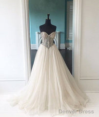 White Sweetheart Sequin Long Prom Dress, White Evening Dress