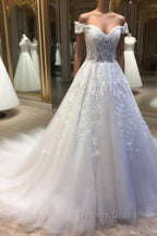 White sweetheart tulle lace applique long prom Dresses, wedding Dresses