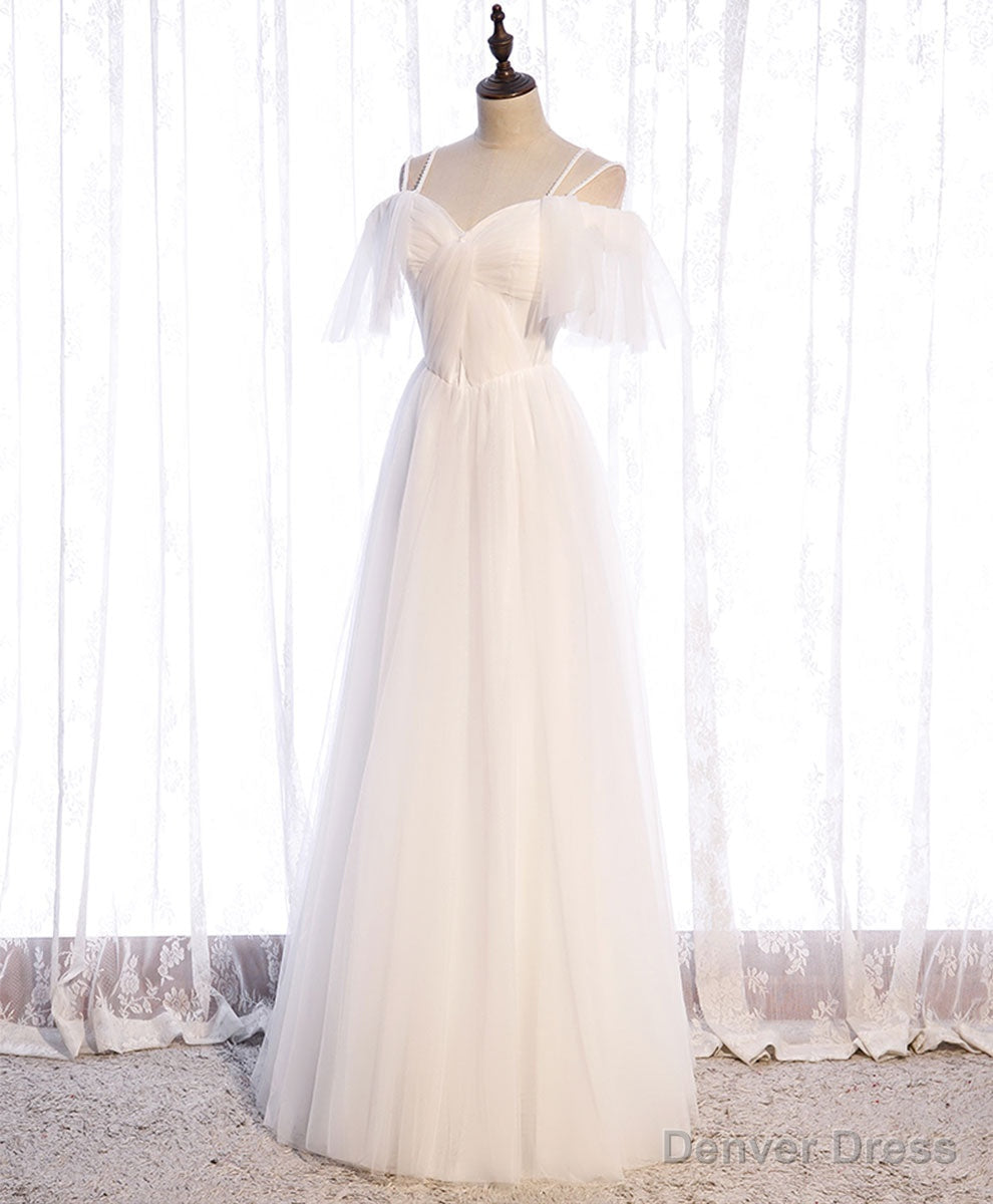 White Sweetheart Tulle Long Prom Dress, White Bridesmaid Dresses