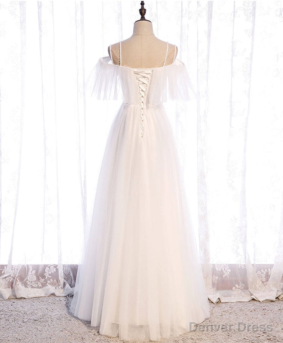 White Sweetheart Tulle Long Prom Dress, White Bridesmaid Dresses