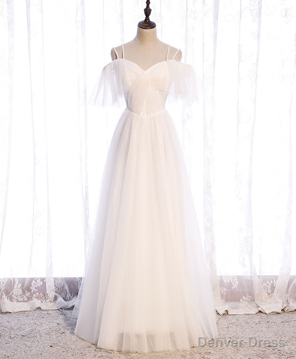 White Sweetheart Tulle Long Prom Dress, White Bridesmaid Dresses Secondary image