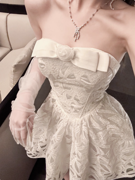 White Tube Top Bow Lace Birthday Dresses Cute Homecoming Dresses