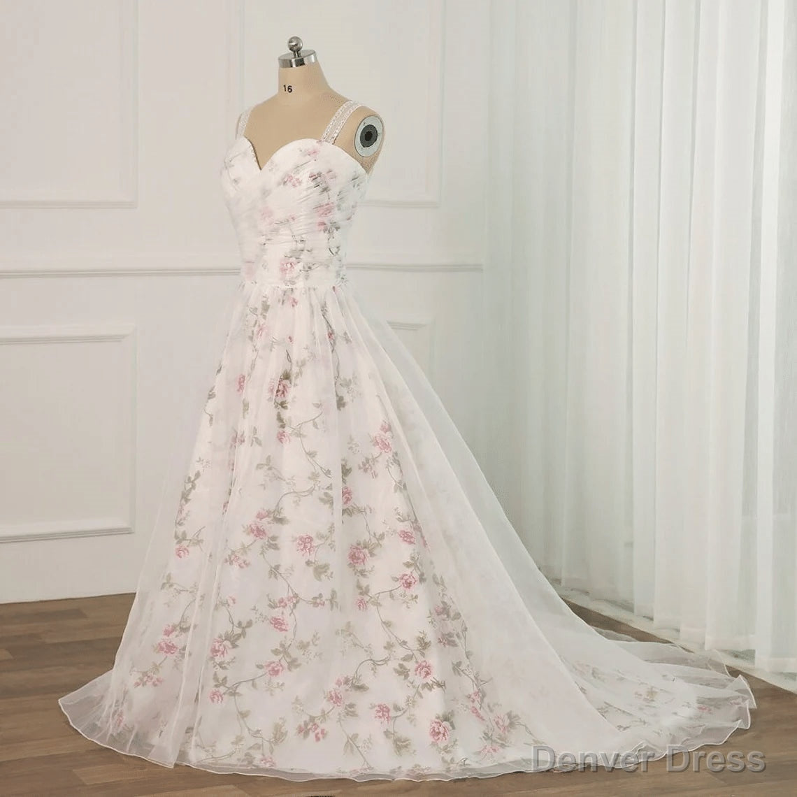 White Tulle and Floral Long Straps Prom Gowns Beautiful White Prom Dress shops