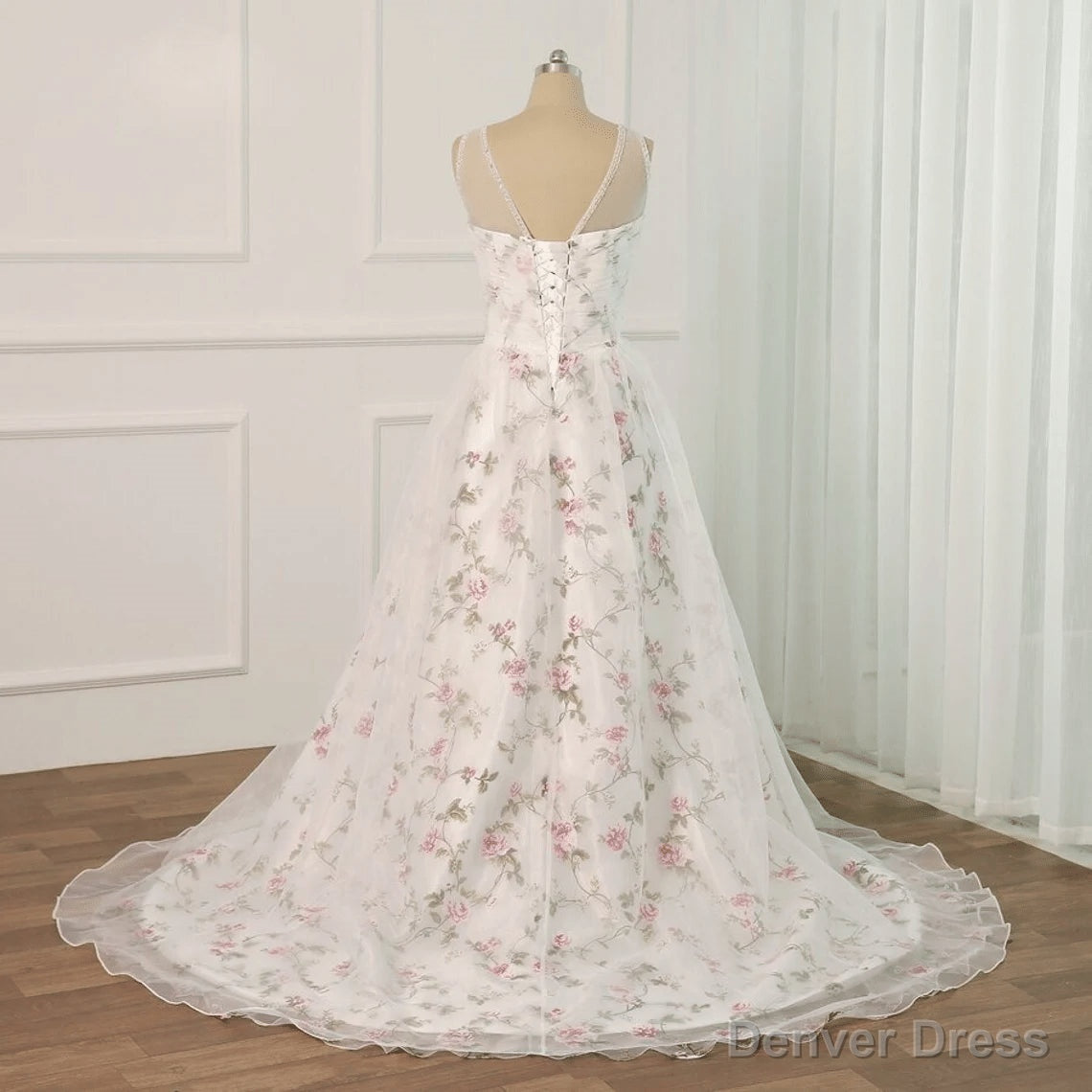 White Tulle and Floral Long Straps Prom Gowns Beautiful White Prom Dress shops