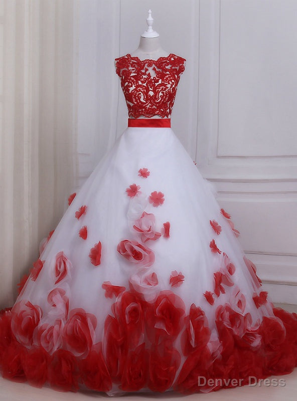 White Tulle Appliques Two Pieces Sleeveless Floor Length Flowers Bridal Gowns Main image