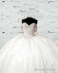 White Tulle Beaded Sweetheart Ball Gown Dresses