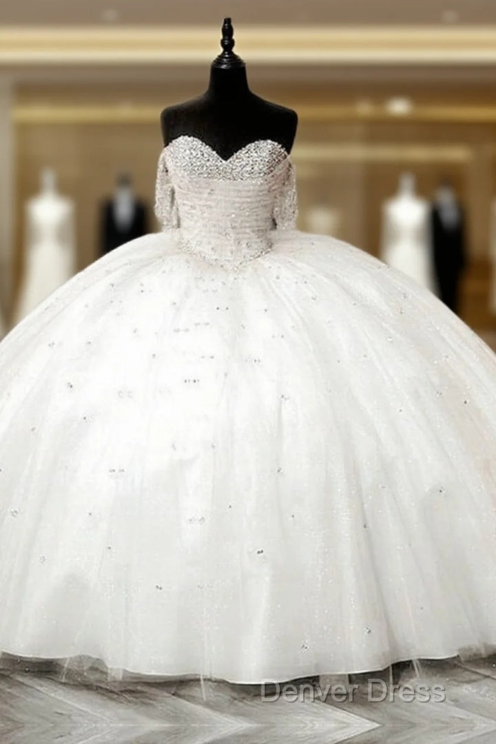 White Tulle Beaded Sweetheart Ball Gown Dresses Main image