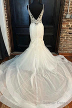 White Tulle Floral Lace Trumpet Long Wedding Dress V-Neck Open Back