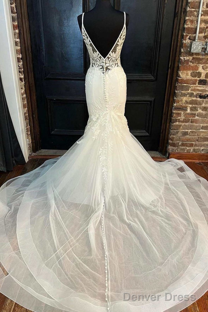 White Tulle Floral Lace Trumpet Long Wedding Dresses V Neck Open Back
