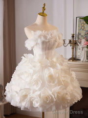 White Tulle Flower Ball Gown Short Prom Dress, Cute Sweet 16 Dress