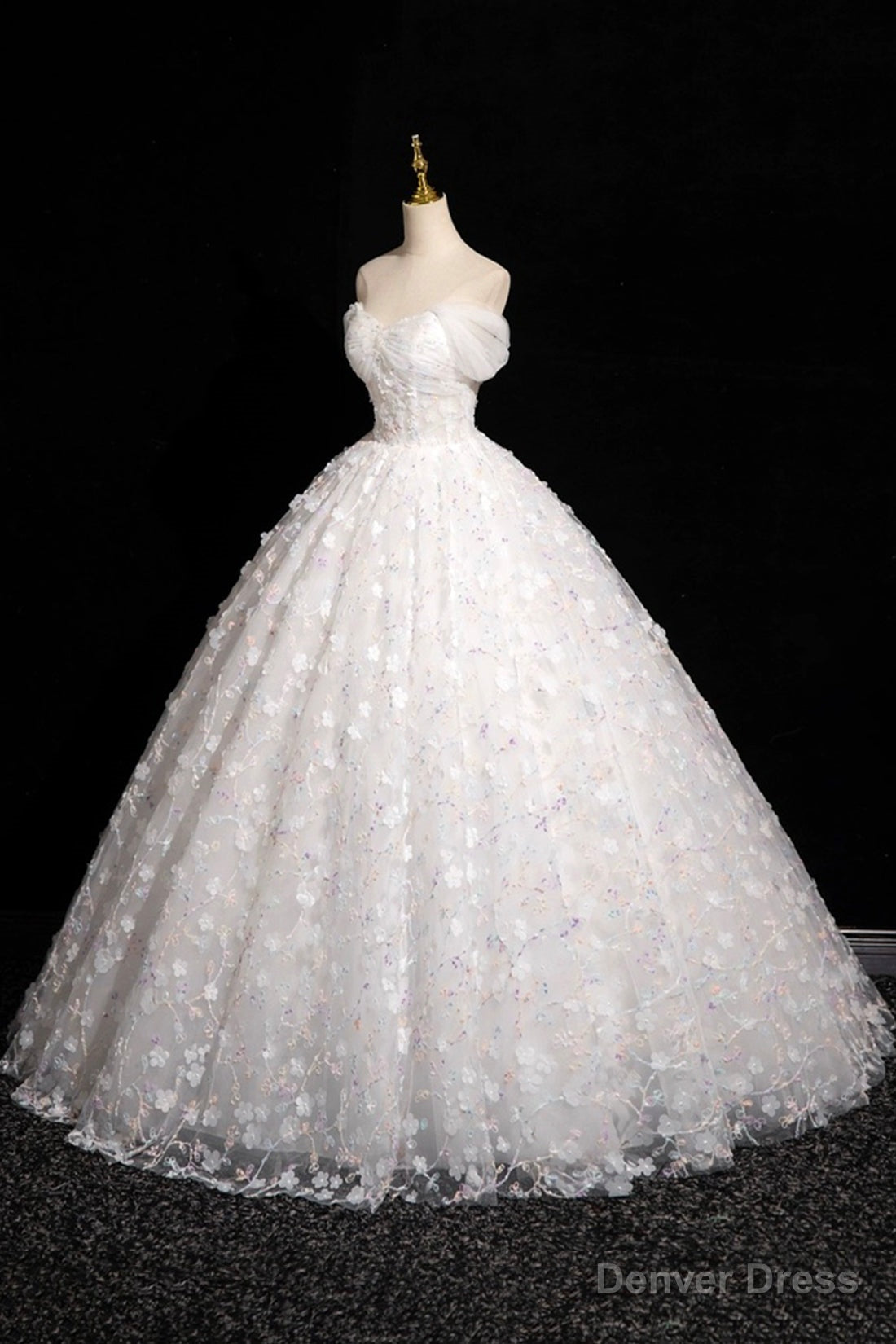 White Tulle Flowers Floor Length Prom Dress, Beautiful A Line Backless Sweet 16 Prom Dresses