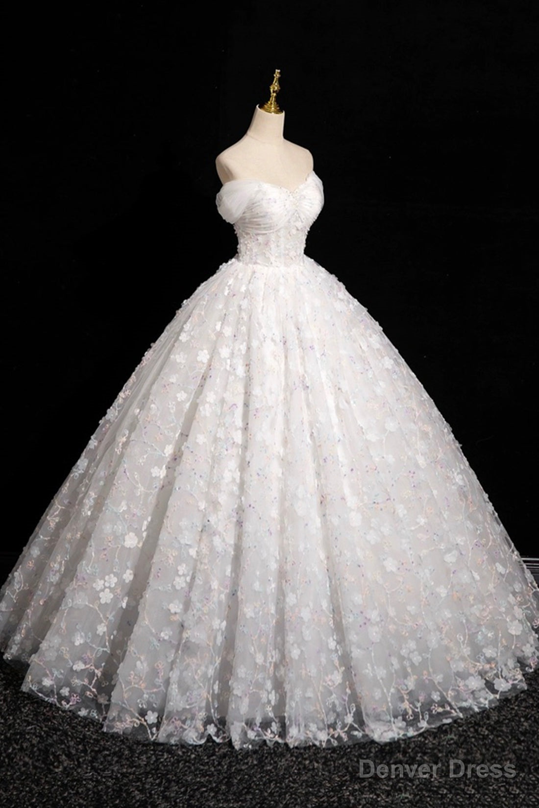 White Tulle Flowers Floor Length Prom Dress, Beautiful A Line Backless Sweet 16 Prom Dresses