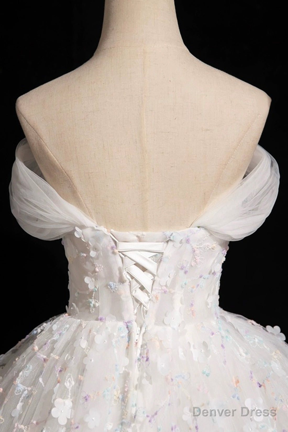 White Tulle Flowers Floor Length Prom Dresses, Beautiful A-Line Backless Sweet 16 Formal Dresses