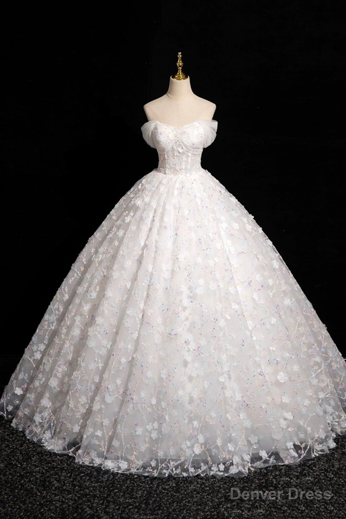 White Tulle Flowers Floor Length Prom Dress, Beautiful A Line Backless Sweet 16 Prom Dresses Main image