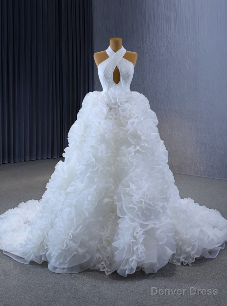 White Tulle Halter Pleats Wedding Dress Main image