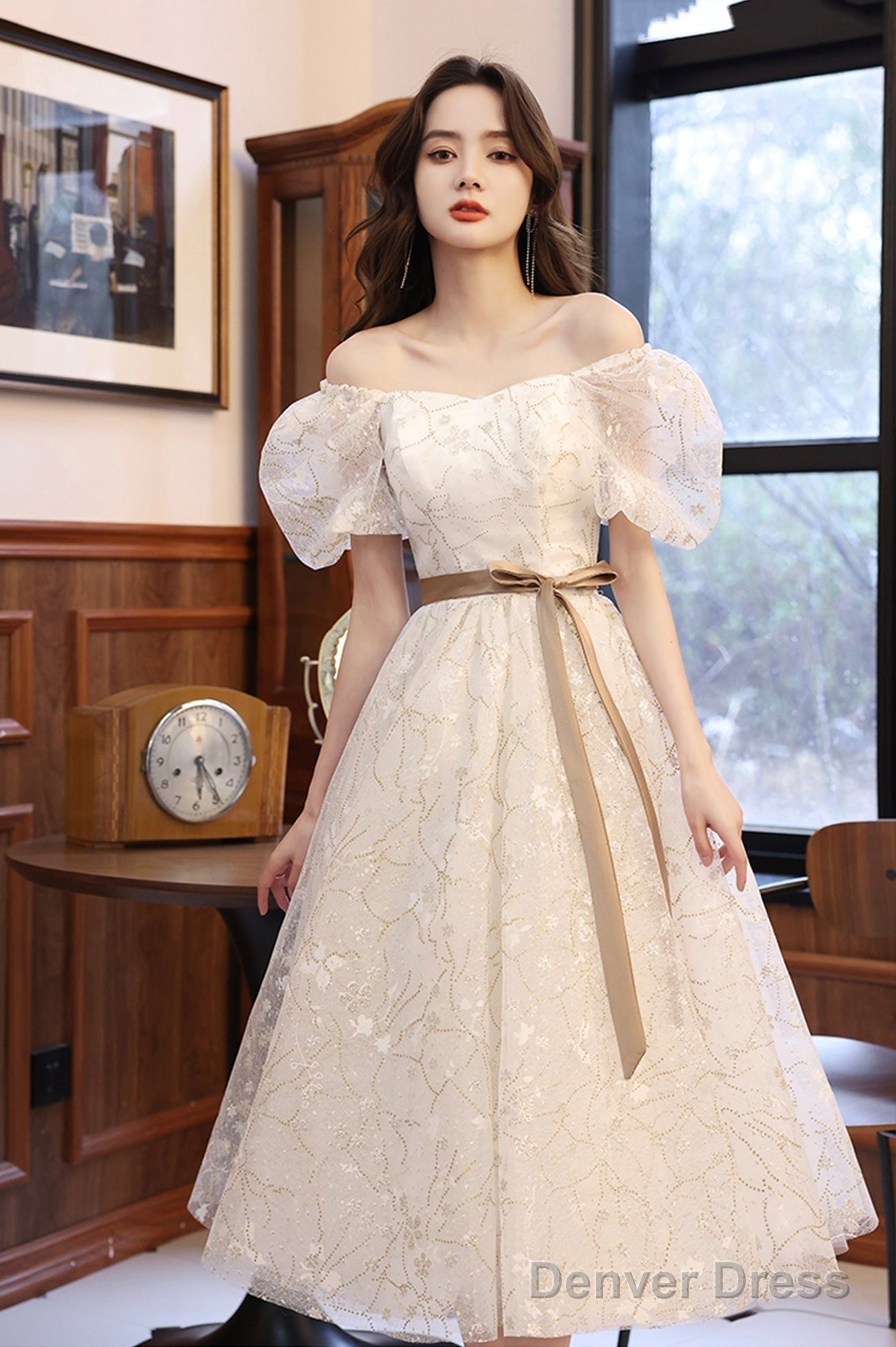 White Tulle Knee Length Prom Dress, Cute Short Sleeve Homecoming Dresses