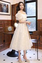 White Tulle Knee Length Prom Dress, Cute Short Sleeve Homecoming Dresses
