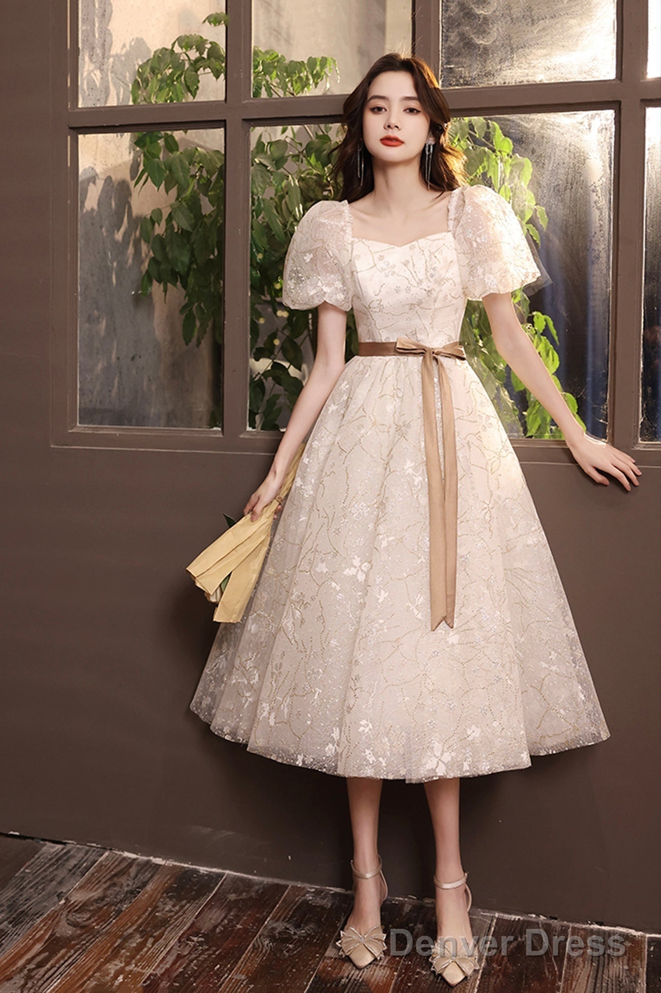 White Tulle Knee Length Prom Dress, Cute Short Sleeve Homecoming Dress