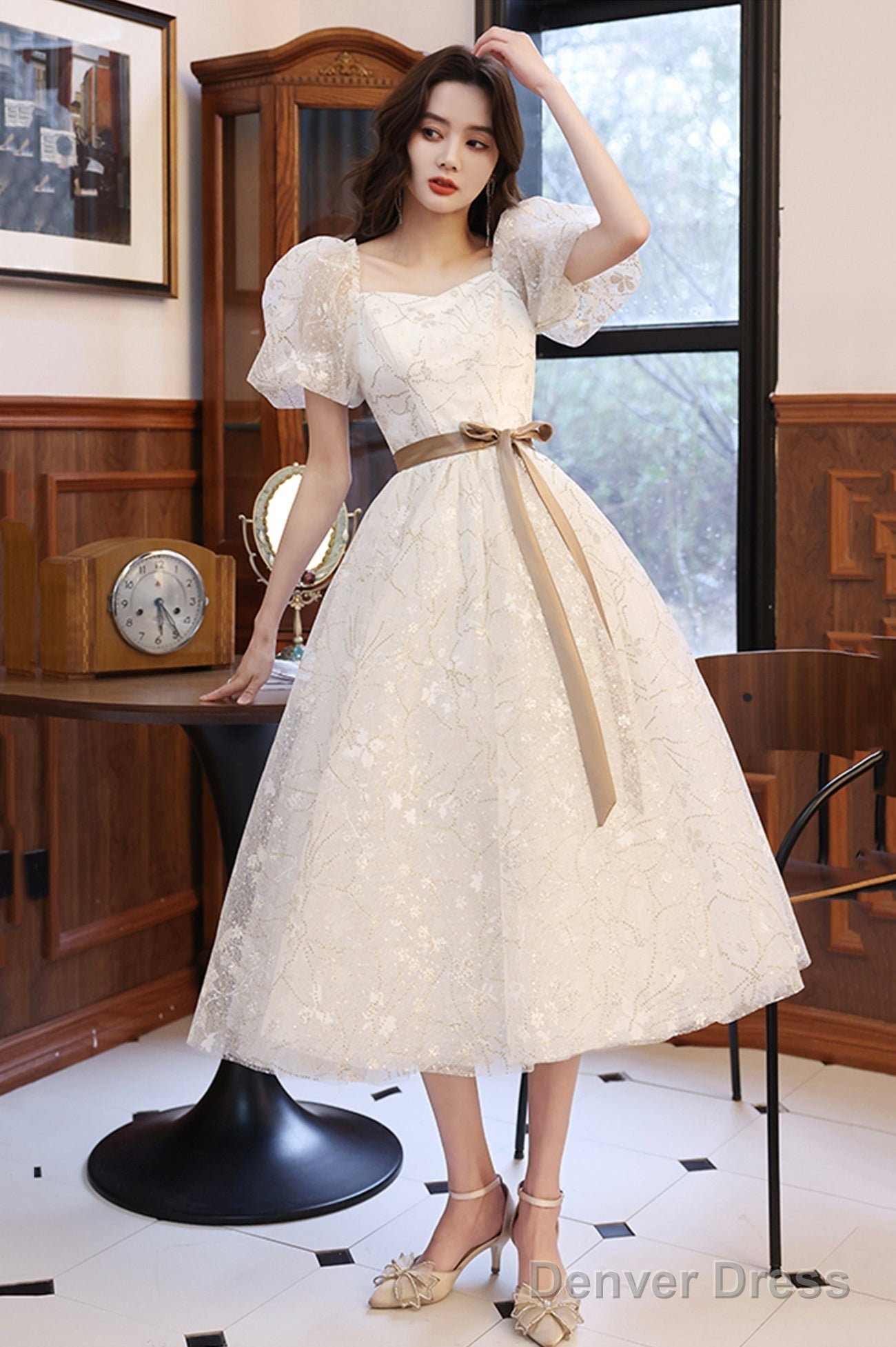 White Tulle Knee Length Prom Dress, Cute Short Sleeve Homecoming Dresses Main image