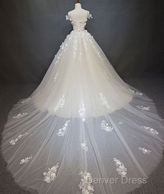 White Tulle Lace Applique Long Prom Dresses, White Lace Wedding Dresses