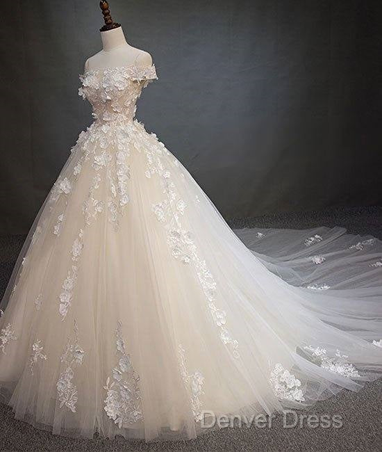 White Tulle Lace Applique Long Prom Dresses, White Lace Wedding Dresses
