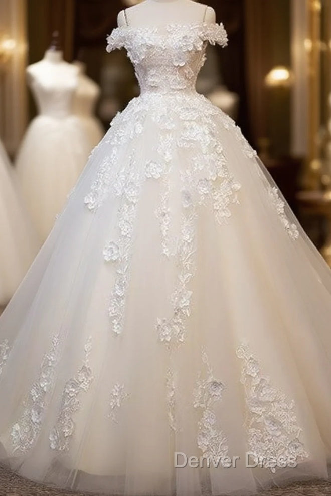 White Tulle Lace Applique Long Prom Dress, White Lace Wedding Dresses Main image