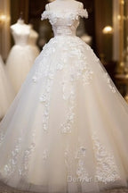 White Tulle Lace Applique Long Prom Dress, White Lace Wedding Dresses