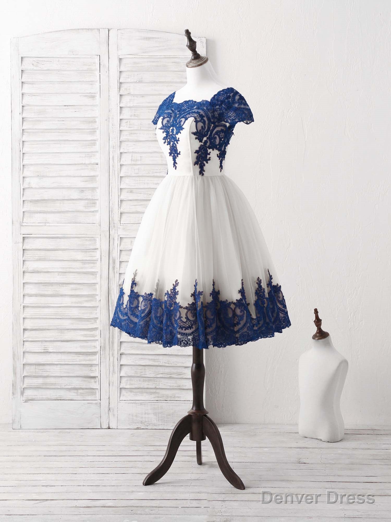 White Tulle Lace Applique Short Prom Dress, Tulle Homecoming Dresses