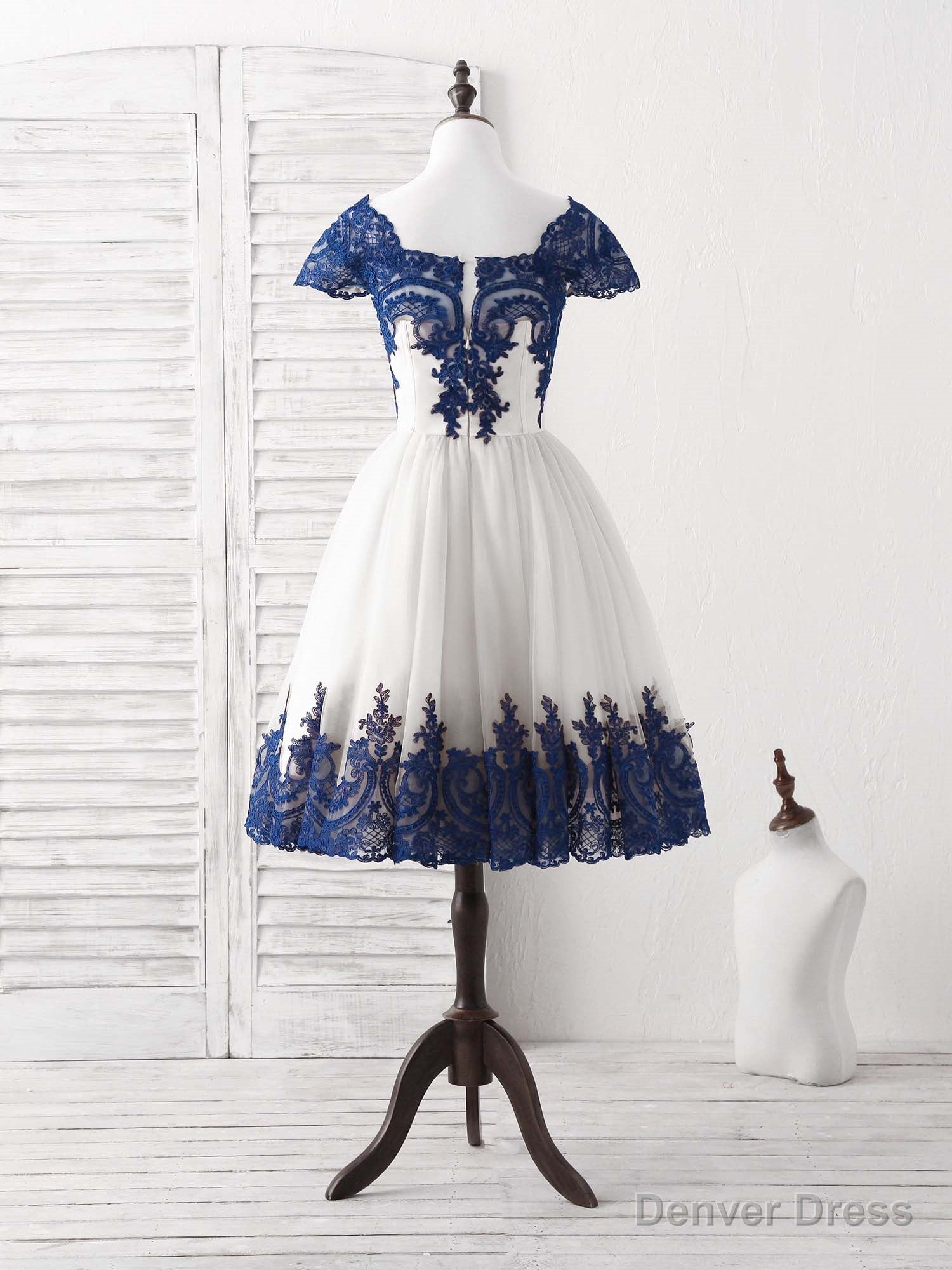 White Tulle Lace Applique Short Prom Dress, Tulle Homecoming Dresses