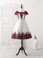 White Tulle Lace Applique Short Prom Dress, Tulle Homecoming Dresses
