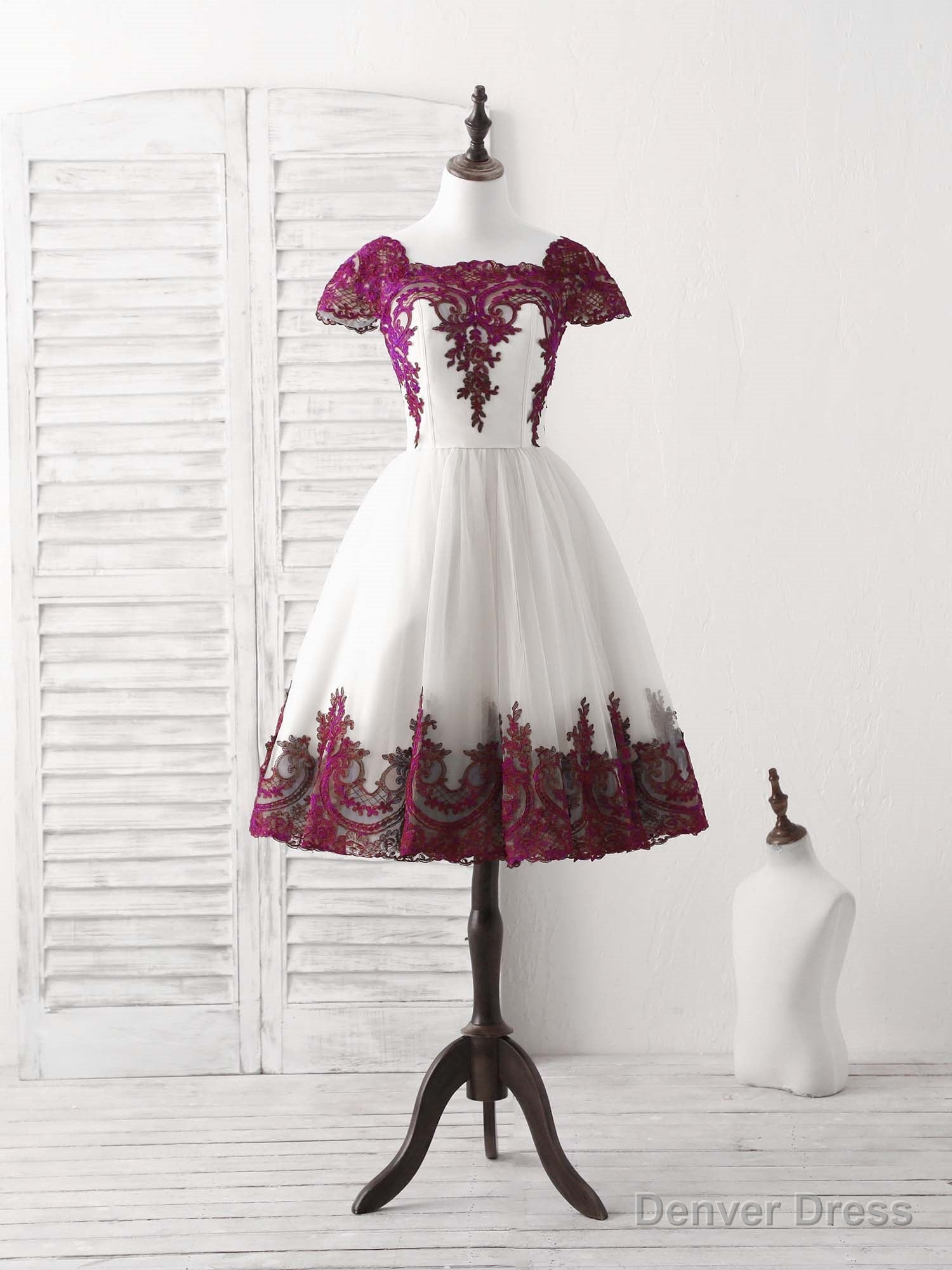 White Tulle Lace Applique Short Prom Dress, Tulle Homecoming Dresses