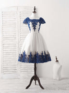 White Tulle Lace Applique Short Prom Dress, Tulle Homecoming Dresses