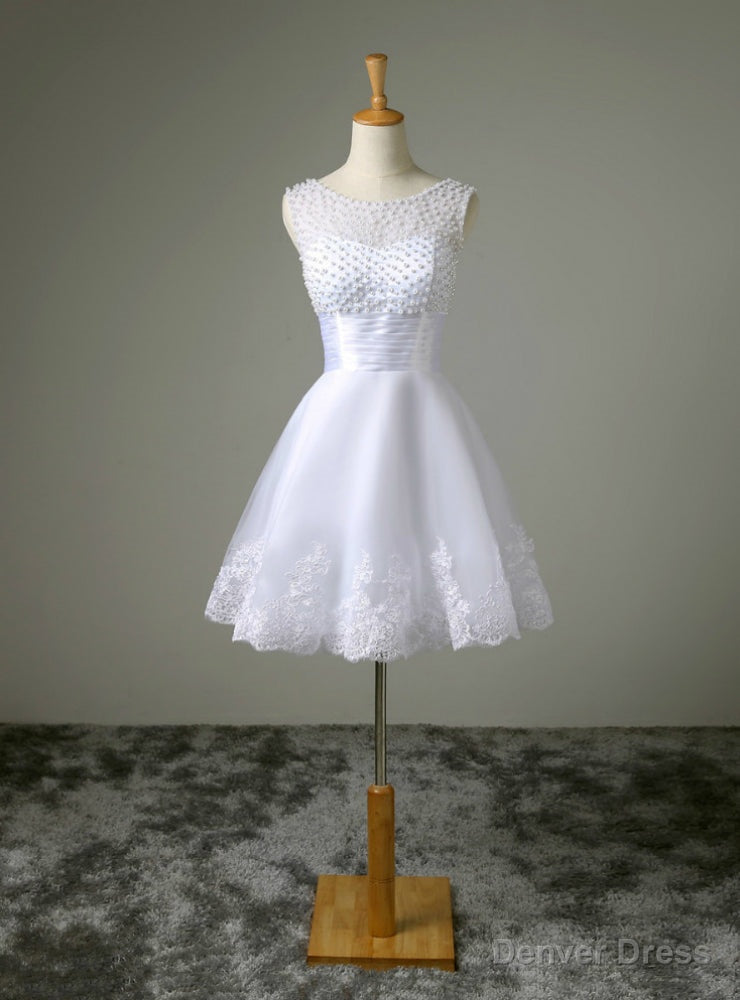 White Tulle Lace Backless With Pearls Short Wedding Dress Main image