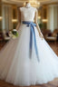 White Tulle Lace Long Pom Dresses, White Tulle Wedding Dresses
