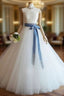 White Tulle Lace Long Pom Dress, White Tulle Wedding Dresses