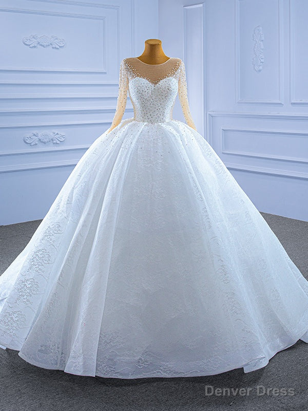 White Tulle Lace Long Sleeve Beading Wedding Dress Main image