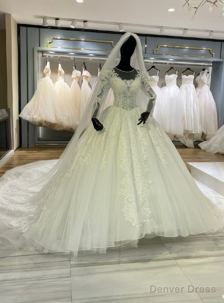 White Tulle Lace Long Sleeve Pearls Wedding Dress Main image