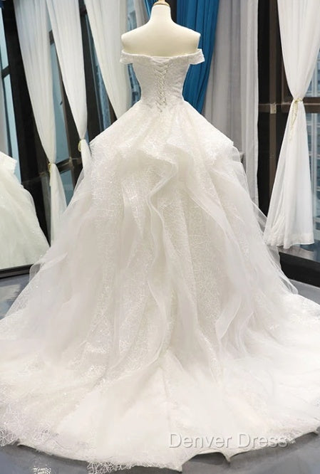 White Tulle Lace Off Shoulder Long Prom Dresses White Lace Wedding Dresses