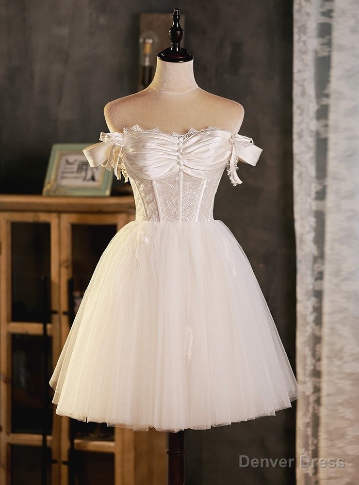 White Tulle Lace Off the Shoulder Button Homecoming Dresses Main image