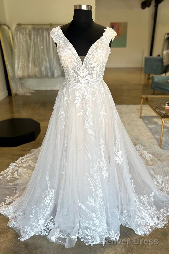 White Tulle Lace Plunge V Backless Long Bridal Gown Sexy Main image