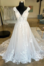 White Tulle Lace Plunge V Backless Long Bridal Gown Sexy