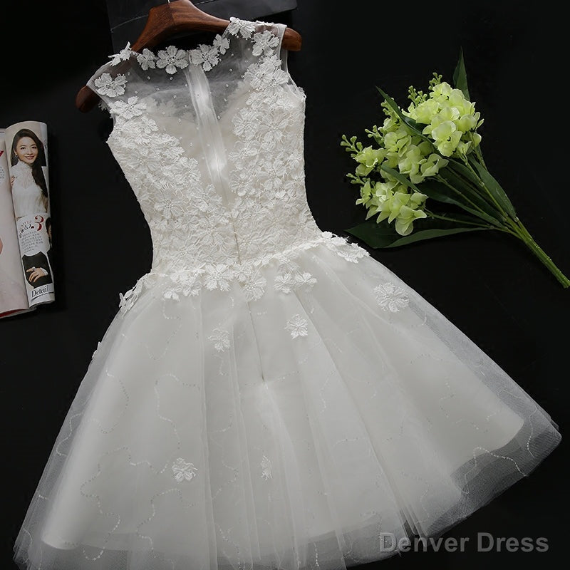 White Tulle Lace Round Neckline Knee Length Graduation Dress, White Short Prom Dress