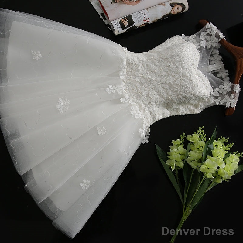 White Tulle Lace Round Neckline Knee Length Graduation Dress, White Short Prom Dress