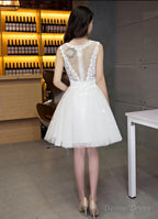 White Tulle Lace Round Neckline Knee Length Graduation Dress, White Short Prom Dress