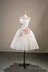 White Tulle Lace Short Prom Dress, Beautiful A-Line Evening Party Dress