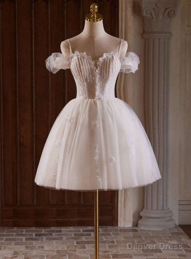 White Tulle Lace Spaghetti Straps Beading Homecoming Dress Main image