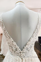 White Tulle Lace Wedding Dress A Line V Neck Bridal Dresses With Sweep Train Sleeveless Floor Length