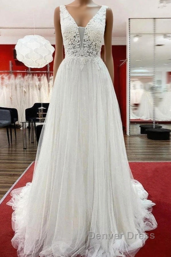 White Tulle Lace Wedding Dress A Line V Neck Bridal Dresses With Sweep Train Sleeveless Floor Length Main image